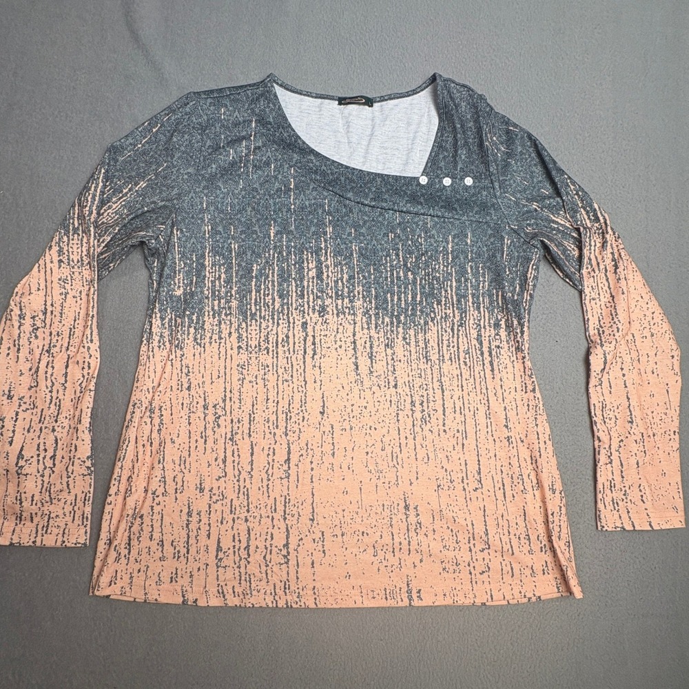 Ofeefan Womens Long Sleeve Ombre Damask Tunic Top Peach Grey Asymmetric Neck L